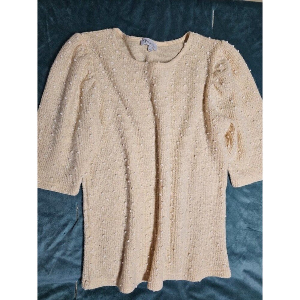 Lucy Avenue Cream Swiss Dot Knit Puff Sleeve Top Size XL